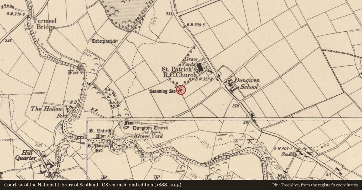 Ordnance Survey six-inch map, 2nd edition (1888–1915) covering the location of Standing Stone, Dungiven, Causeway Coast and Glens, with a pin at the register's coordinates