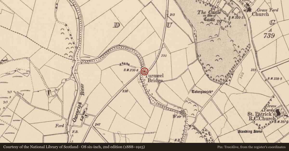 Ordnance Survey six-inch map, 2nd edition (1888–1915) covering the location of Turmeel Bridge, Dungiven, Causeway Coast and Glens, with a pin at the register's coordinates