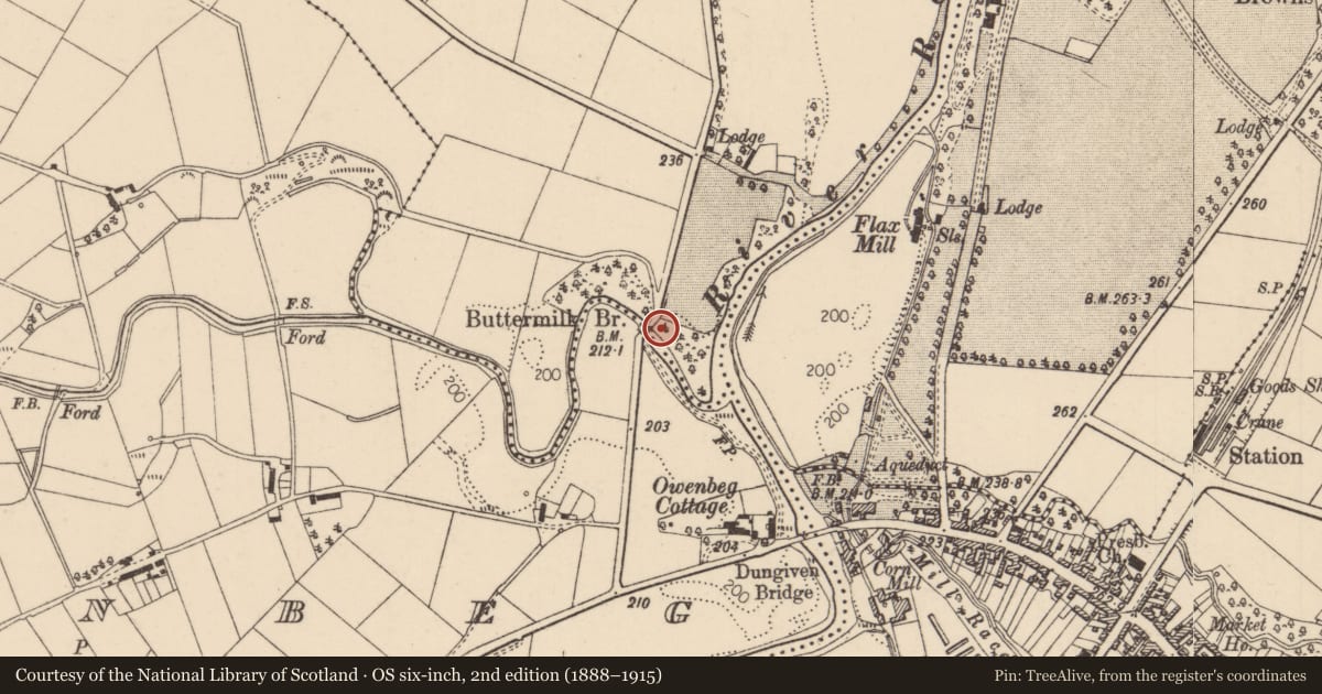 Ordnance Survey six-inch map, 2nd edition (1888–1915) covering the location of Buttermilk Bridge, Owenbeg, Causeway Coast and Glens, with a pin at the register's coordinates