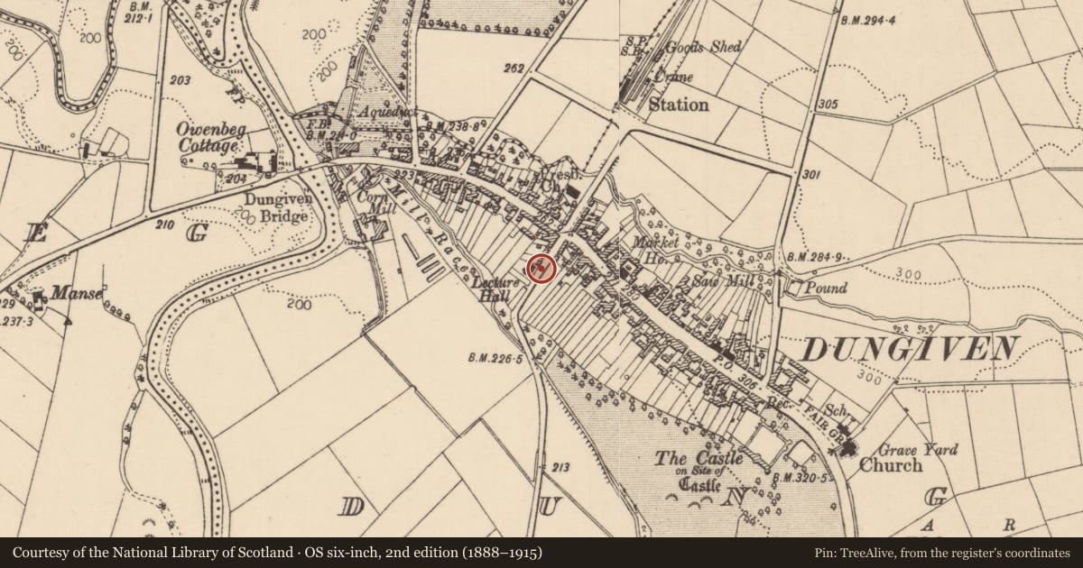 Ordnance Survey six-inch map, 2nd edition (1888–1915) covering the location of Guildhall, Dungiven, Causeway Coast and Glens, with a pin at the register's coordinates
