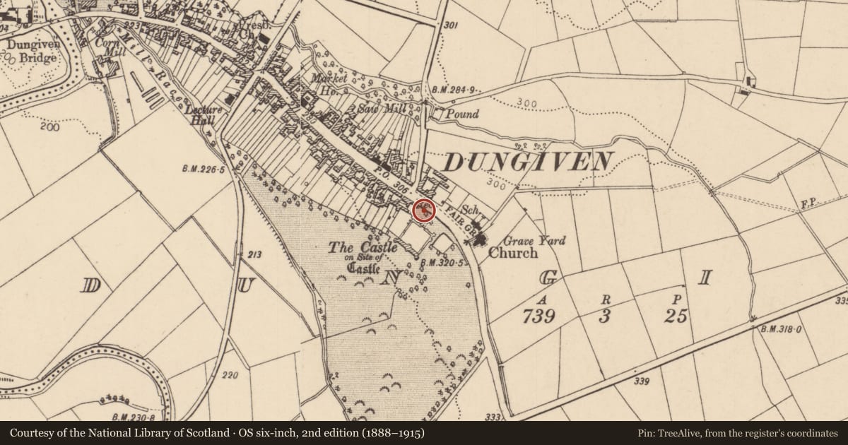 Ordnance Survey six-inch map, 2nd edition (1888–1915) covering the location of 135 Main Street, Dungiven, Causeway Coast and Glens, with a pin at the register's coordinates