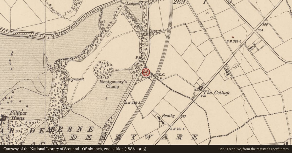 Ordnance Survey six-inch map, 2nd edition (1888–1915) covering the location of Gates & Pillars, Derryware, Causeway Coast and Glens, with a pin at the register's coordinates