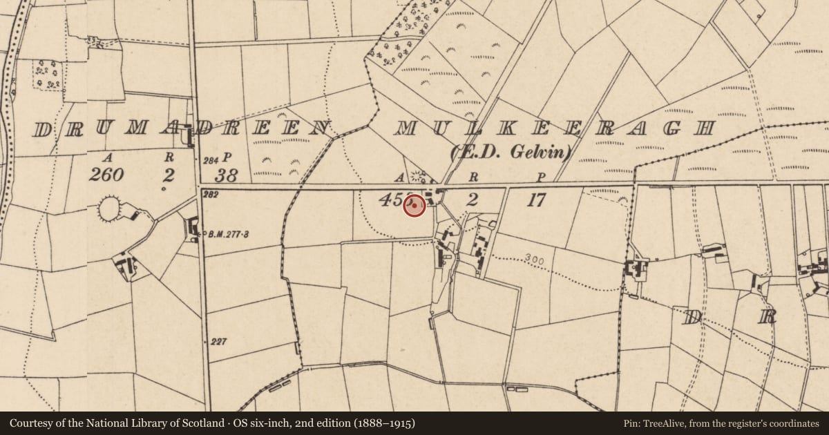 Ordnance Survey six-inch map, 2nd edition (1888–1915) covering the location of 1 Mulkeeragh Road, Causeway Coast and Glens, with a pin at the register's coordinates