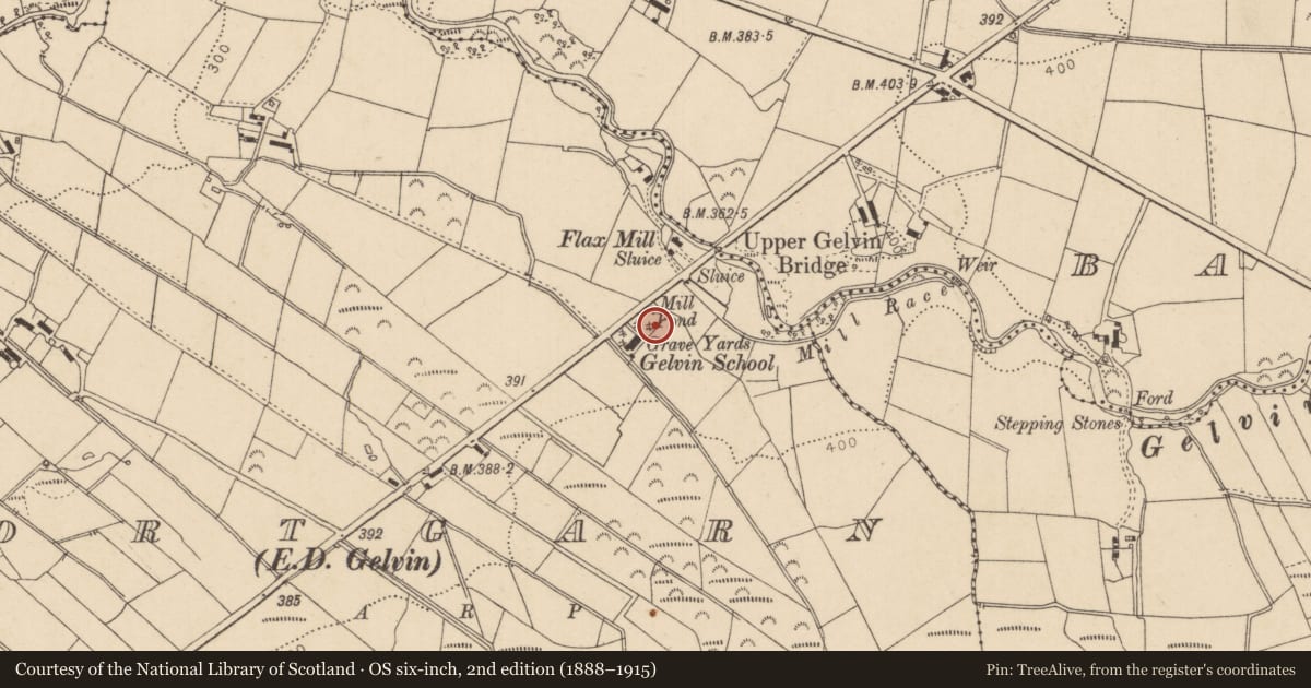 Ordnance Survey six-inch map, 2nd edition (1888–1915) covering the location of Gelvin Graveyard, Gortgarn, Causeway Coast and Glens, with a pin at the register's coordinates