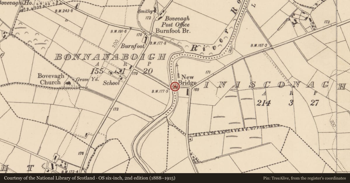 Ordnance Survey six-inch map, 2nd edition (1888–1915) covering the location of New Bridge, Inisconagher, Causeway Coast and Glens, with a pin at the register's coordinates