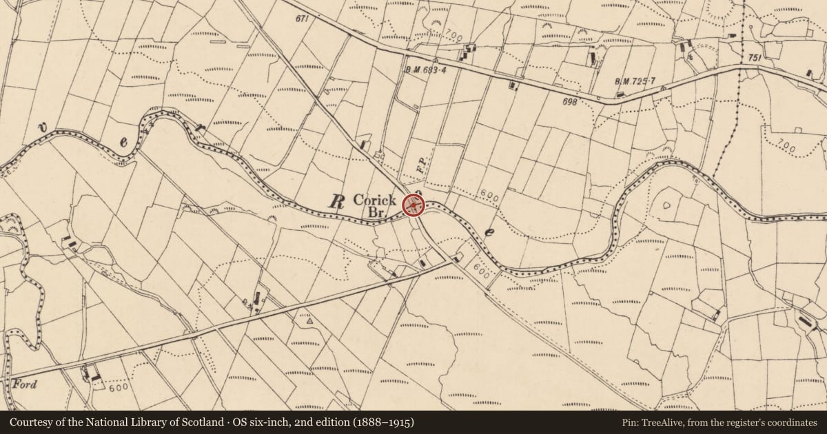 Ordnance Survey six-inch map, 2nd edition (1888–1915) covering the location of Corick Bridge, Causeway Coast and Glens, with a pin at the register's coordinates