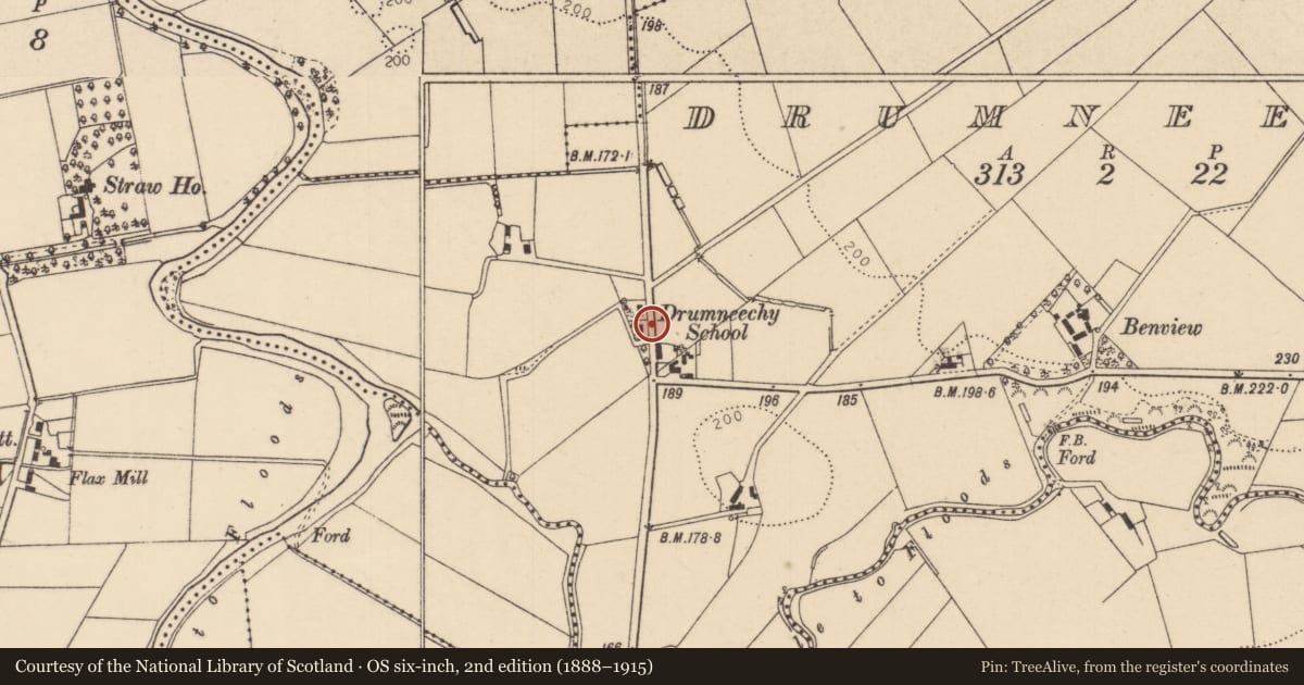 Ordnance Survey six-inch map, 2nd edition (1888–1915) covering the location of 301 Ballyquin Road, Drumneechy, Causeway Coast and Glens, with a pin at the register's coordinates