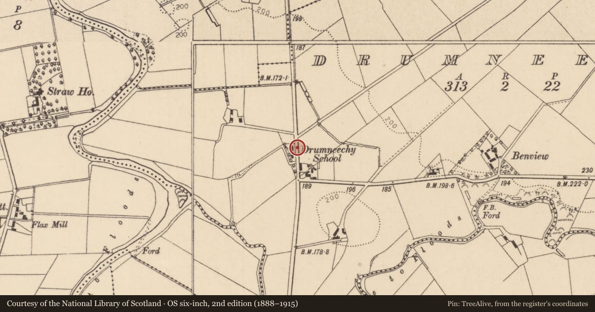 Ordnance Survey six-inch map, 2nd edition (1888–1915) covering the location of 299 Ballyquin Road, Drumneechy, Causeway Coast and Glens, with a pin at the register's coordinates