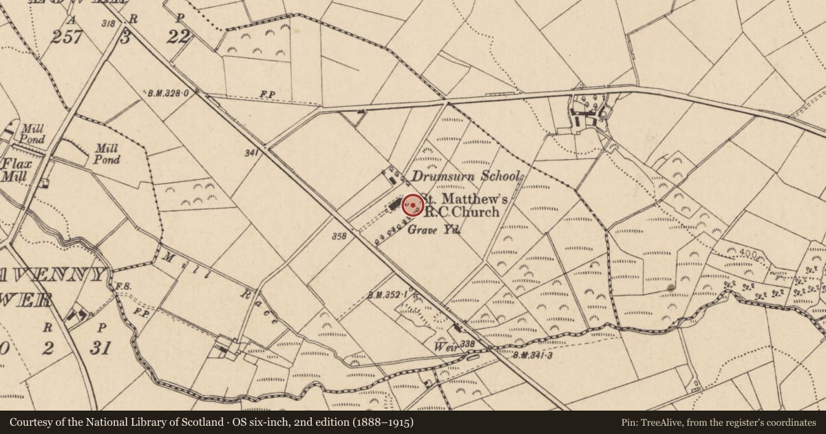 Ordnance Survey six-inch map, 2nd edition (1888–1915) covering the location of St Matthew’s R C Church, Drumsurn Lower, Causeway Coast and Glens, with a pin at the register's coordinates