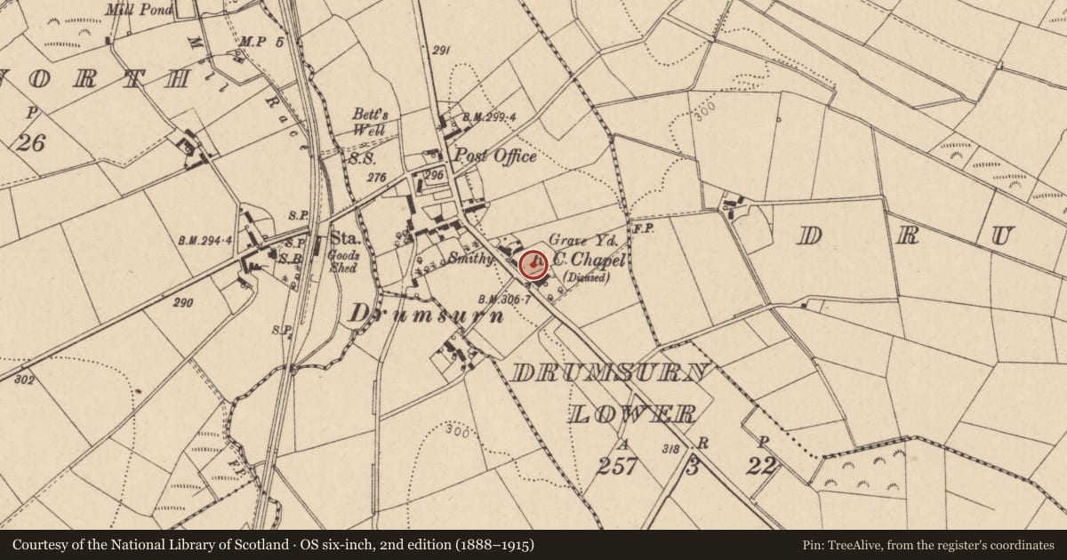 Ordnance Survey six-inch map, 2nd edition (1888–1915) covering the location of Church Ruins, Drumsurn Lower, Causeway Coast and Glens, with a pin at the register's coordinates
