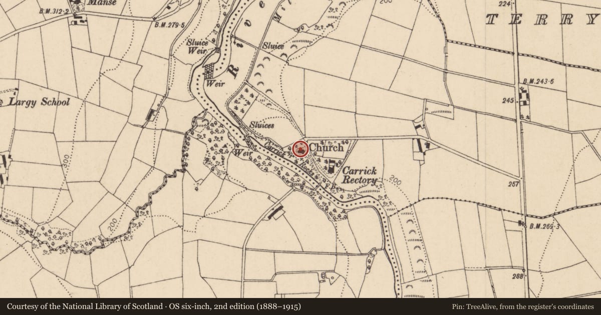 Ordnance Survey six-inch map, 2nd edition (1888–1915) covering the location of Church of Ireland Church, Carrick East, Causeway Coast and Glens, with a pin at the register's coordinates