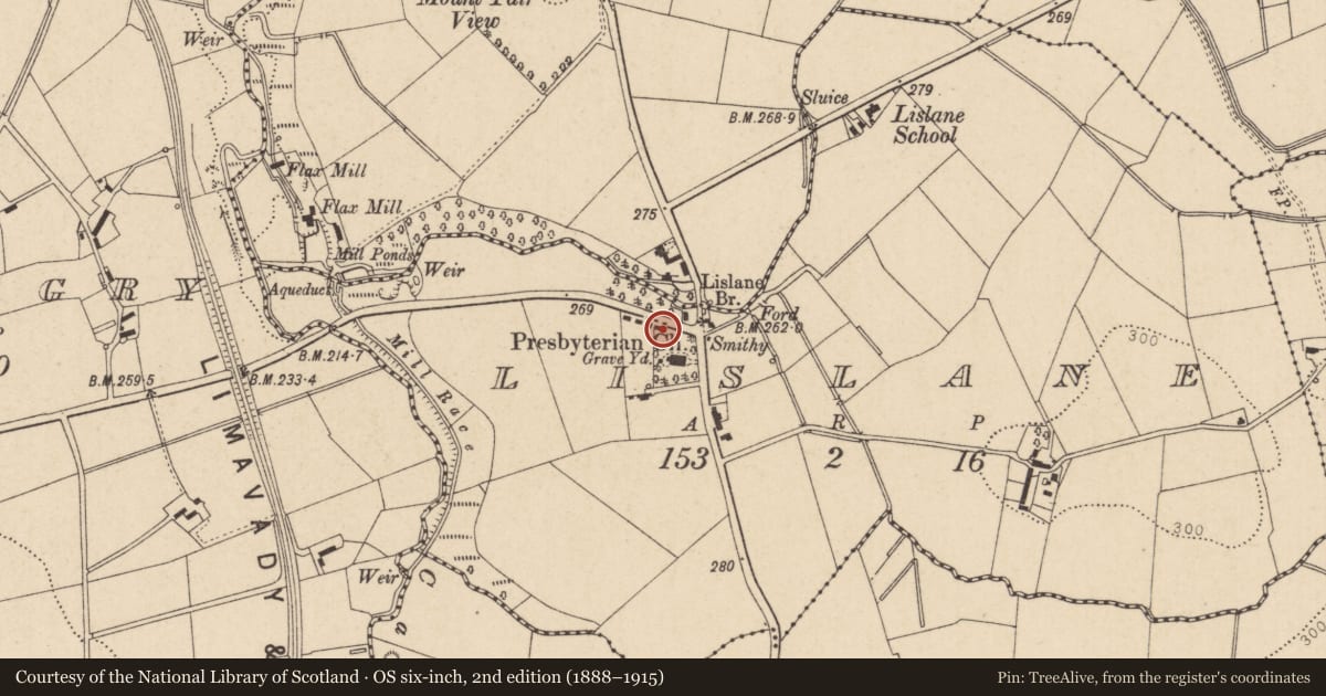Ordnance Survey six-inch map, 2nd edition (1888–1915) covering the location of Cottage, Lislane, Causeway Coast and Glens, with a pin at the register's coordinates