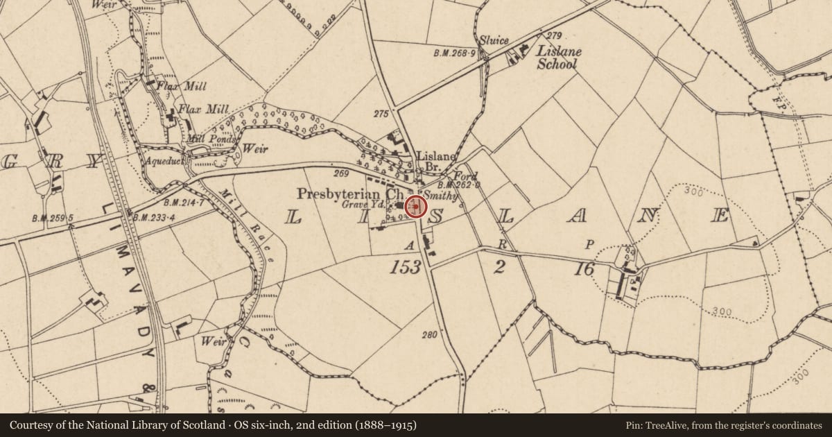Ordnance Survey six-inch map, 2nd edition (1888–1915) covering the location of Balteagh Presbyterian Church, Lislane, Causeway Coast and Glens, with a pin at the register's coordinates