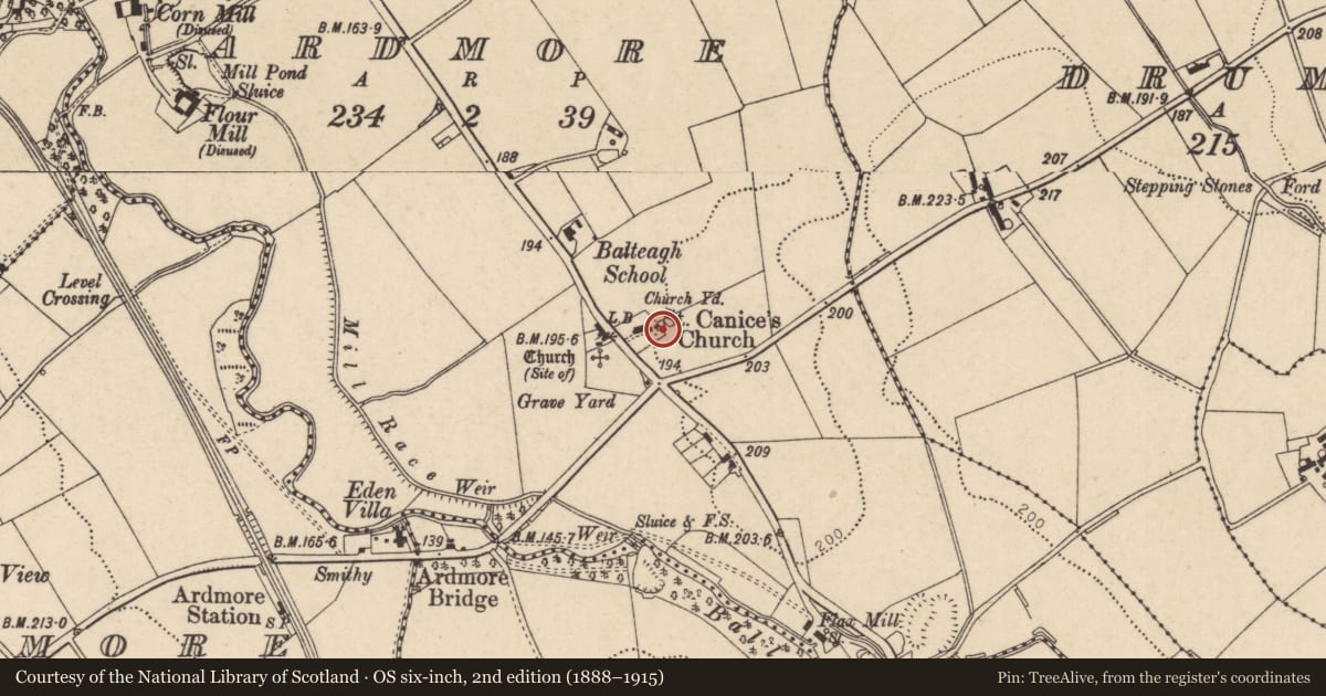 Ordnance Survey six-inch map, 2nd edition (1888–1915) covering the location of St Canice’s C of I Church, Ardmore, Causeway Coast and Glens, with a pin at the register's coordinates