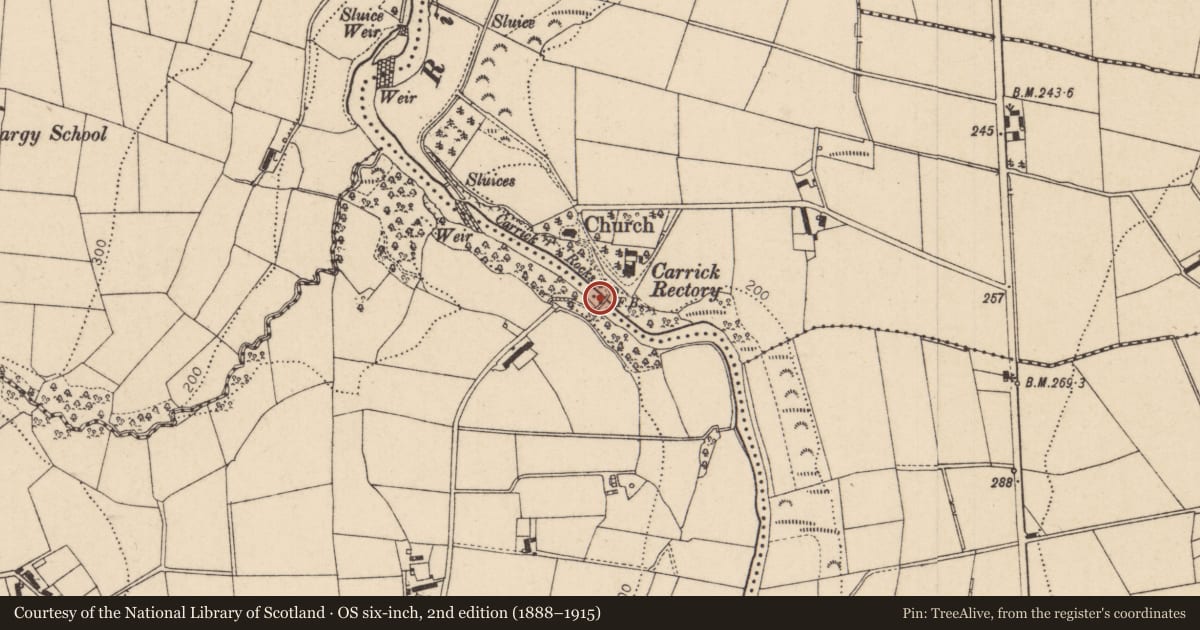 Ordnance Survey six-inch map, 2nd edition (1888–1915) covering the location of Carrick Footbridge, Carrick East, Causeway Coast and Glens, with a pin at the register's coordinates