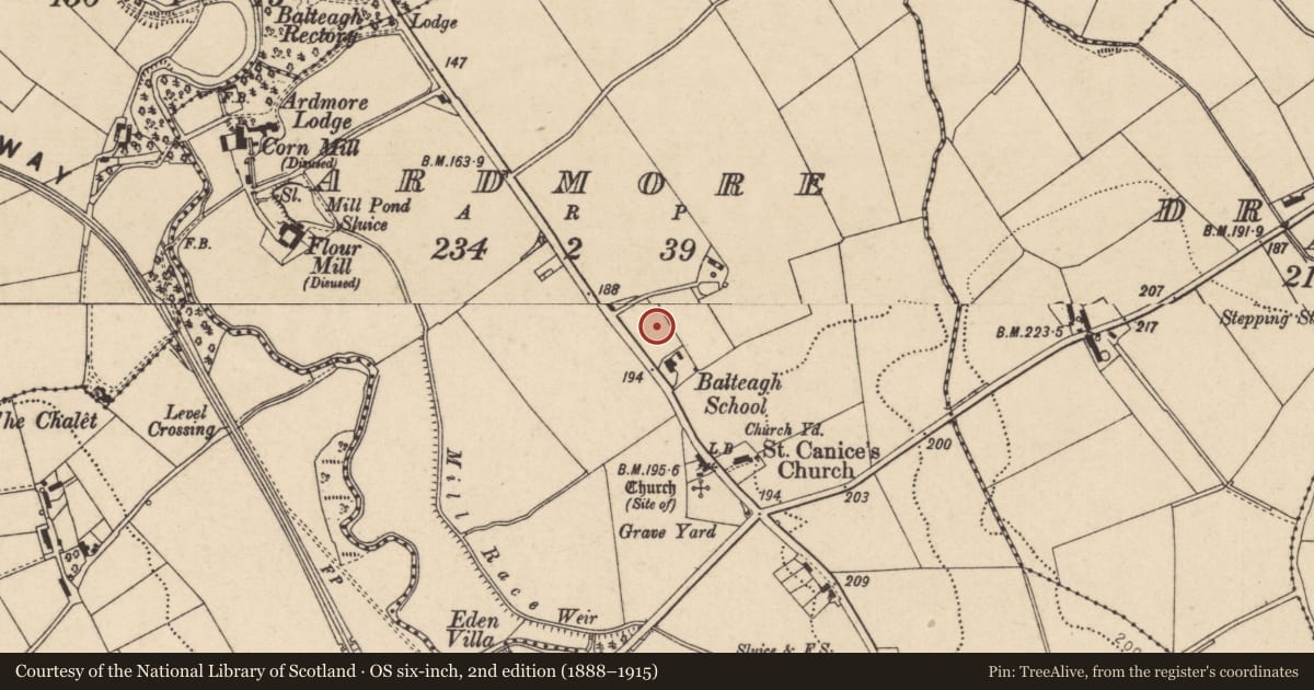 Ordnance Survey six-inch map, 2nd edition (1888–1915) covering the location of Balteagh Primary School, Ardmore, Causeway Coast and Glens, with a pin at the register's coordinates