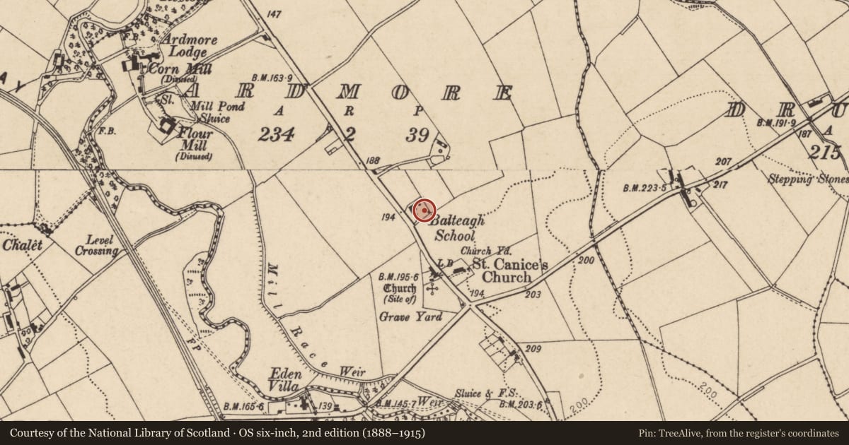 Ordnance Survey six-inch map, 2nd edition (1888–1915) covering the location of Former Parish School, Ardmore, Causeway Coast and Glens, with a pin at the register's coordinates