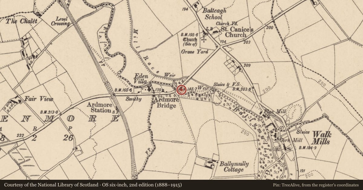 Ordnance Survey six-inch map, 2nd edition (1888–1915) covering the location of Ardmore Bridge, Causeway Coast and Glens, with a pin at the register's coordinates