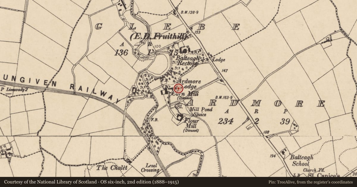 Ordnance Survey six-inch map, 2nd edition (1888–1915) covering the location of Ardmore Lodge (House), Causeway Coast and Glens, with a pin at the register's coordinates