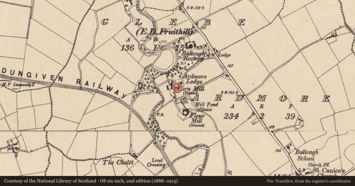 Ordnance Survey six-inch map, 2nd edition (1888–1915) covering the location of Ardmore Corn Mill, Causeway Coast and Glens, with a pin at the register's coordinates