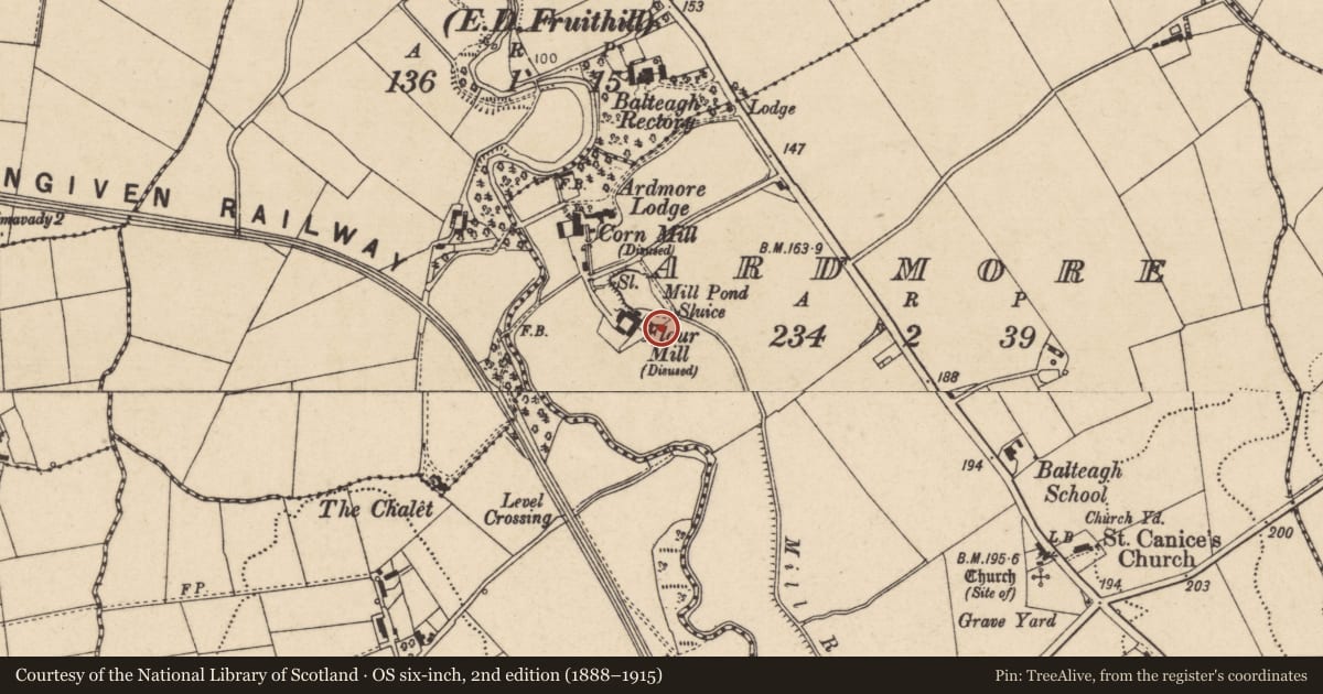 Ordnance Survey six-inch map, 2nd edition (1888–1915) covering the location of Ardmore Flour Mill, Causeway Coast and Glens, with a pin at the register's coordinates