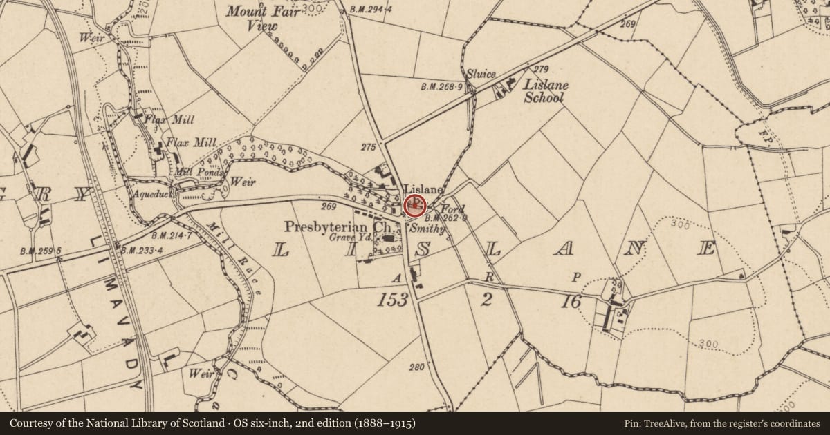 Ordnance Survey six-inch map, 2nd edition (1888–1915) covering the location of Lislane Bridge, Causeway Coast and Glens, with a pin at the register's coordinates