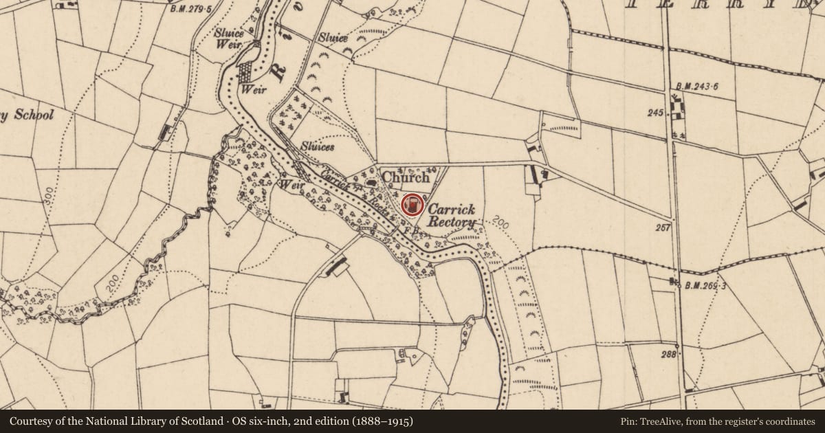 Ordnance Survey six-inch map, 2nd edition (1888–1915) covering the location of Carrickmore House, Carrick East, Causeway Coast and Glens, with a pin at the register's coordinates