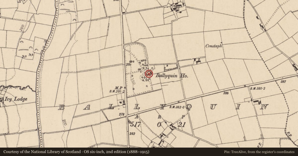 Ordnance Survey six-inch map, 2nd edition (1888–1915) covering the location of Ballyquin House, Causeway Coast and Glens, with a pin at the register's coordinates