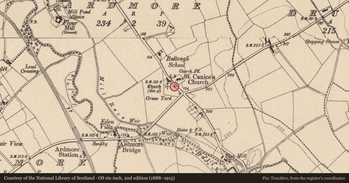 Ordnance Survey six-inch map, 2nd edition (1888–1915) covering the location of Balteagh Old Graveyard, Ardmore, Causeway Coast and Glens, with a pin at the register's coordinates
