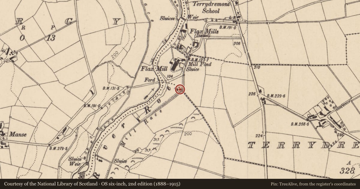 Ordnance Survey six-inch map, 2nd edition (1888–1915) covering the location of Carrick Mills, Terrydremont South, Causeway Coast and Glens, with a pin at the register's coordinates