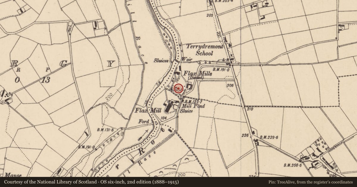 Ordnance Survey six-inch map, 2nd edition (1888–1915) covering the location of Carrick Mills, Terrydremont North, Causeway Coast and Glens, with a pin at the register's coordinates