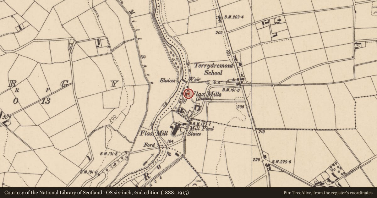 Ordnance Survey six-inch map, 2nd edition (1888–1915) covering the location of Carrick Corn Mill, Terrydremont North, Causeway Coast and Glens, with a pin at the register's coordinates