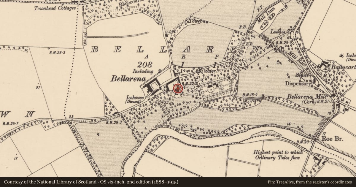 Ordnance Survey six-inch map, 2nd edition (1888–1915) covering the location of Bellarena House, Causeway Coast and Glens, with a pin at the register's coordinates