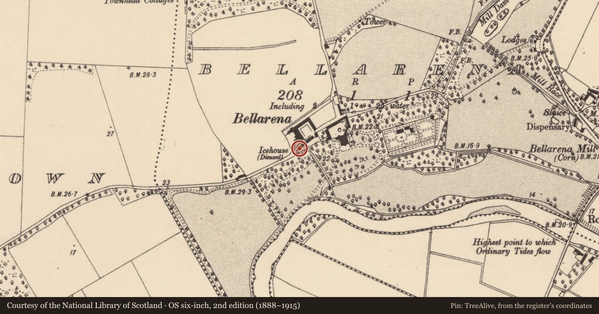 Ordnance Survey six-inch map, 2nd edition (1888–1915) covering the location of Ice House, Bellarena, Causeway Coast and Glens, with a pin at the register's coordinates
