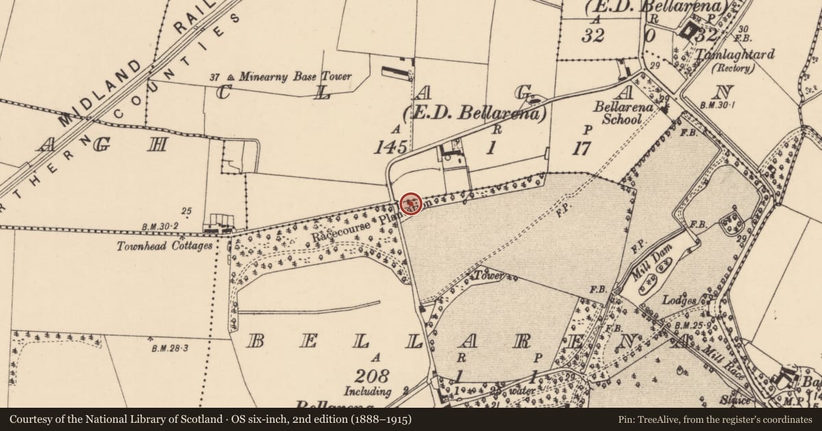 Ordnance Survey six-inch map, 2nd edition (1888–1915) covering the location of Bellarena Gate Lodge, Causeway Coast and Glens, with a pin at the register's coordinates