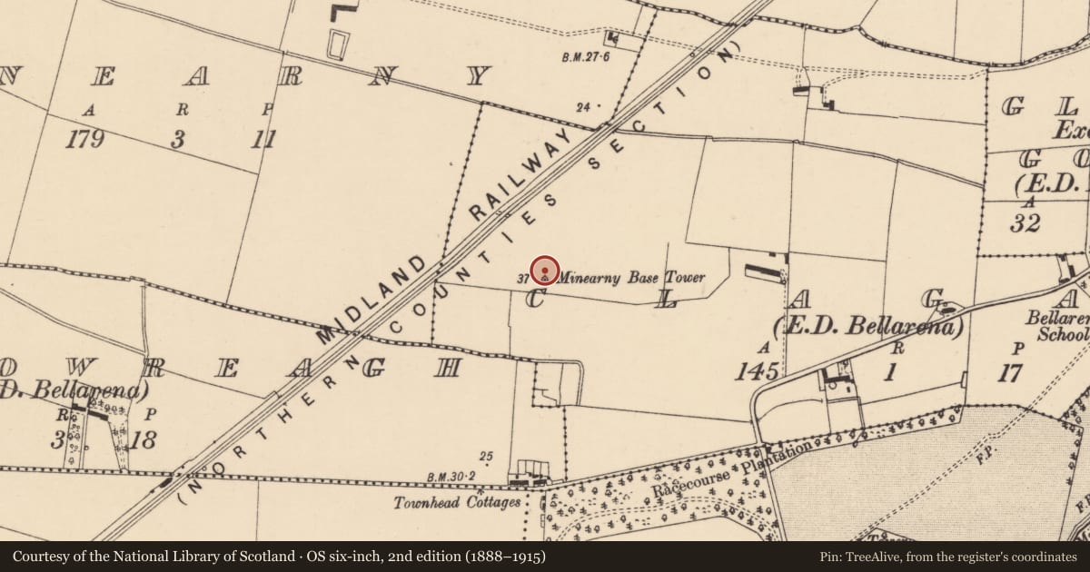 Ordnance Survey six-inch map, 2nd edition (1888–1915) covering the location of Minearny Base Tower, Causeway Coast and Glens, with a pin at the register's coordinates