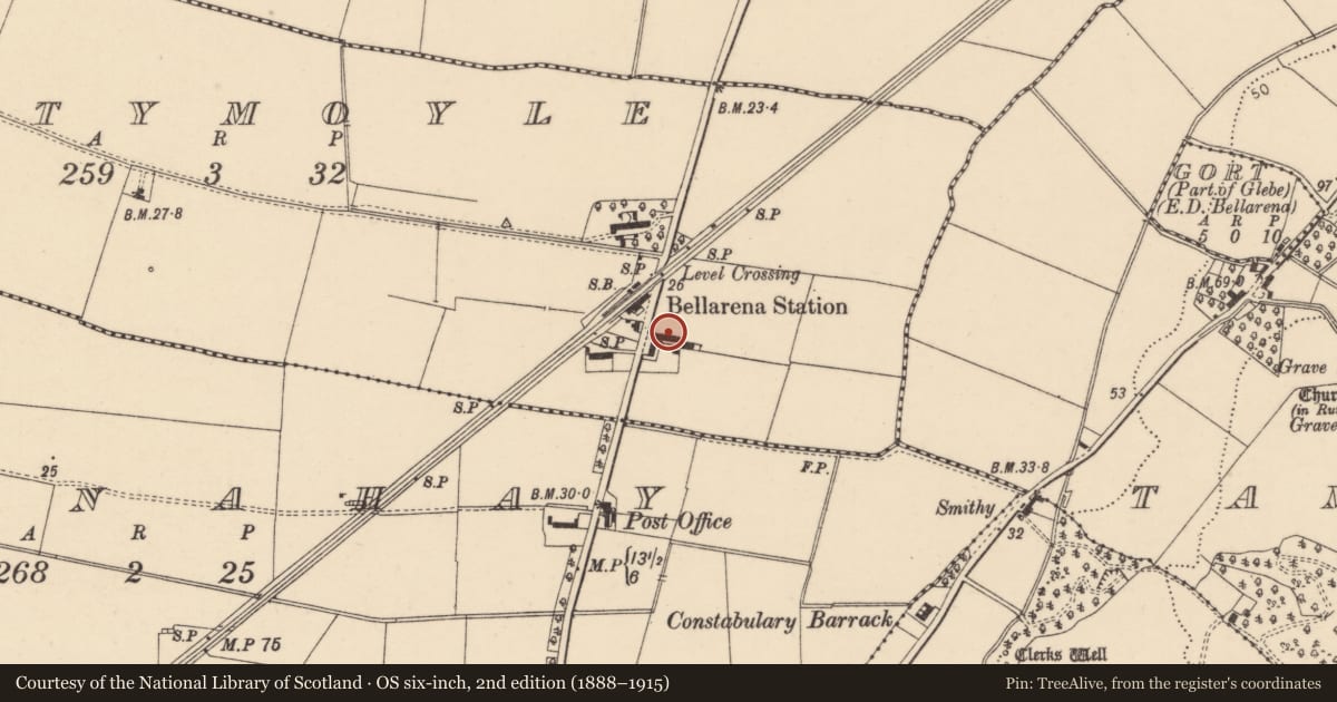 Ordnance Survey six-inch map, 2nd edition (1888–1915) covering the location of Outbuildings, Oughtymoyle, Causeway Coast and Glens, with a pin at the register's coordinates