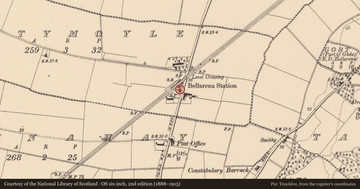 Ordnance Survey six-inch map, 2nd edition (1888–1915) covering the location of Credit Union Building, Oughtymoyle, Causeway Coast and Glens, with a pin at the register's coordinates