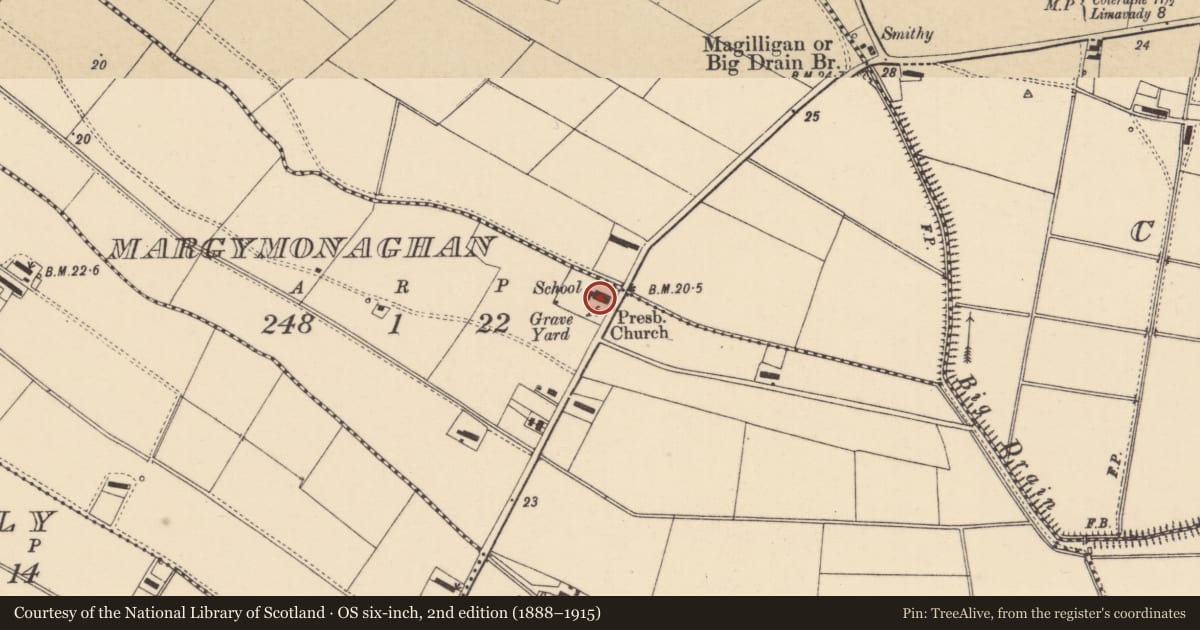 Ordnance Survey six-inch map, 2nd edition (1888–1915) covering the location of Presbyterian Church, Margy Monaghan, Causeway Coast and Glens, with a pin at the register's coordinates