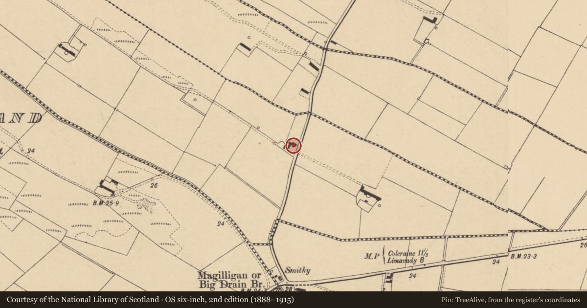 Ordnance Survey six-inch map, 2nd edition (1888–1915) covering the location of 16 Point Road, Drumahorgan, Causeway Coast and Glens, with a pin at the register's coordinates