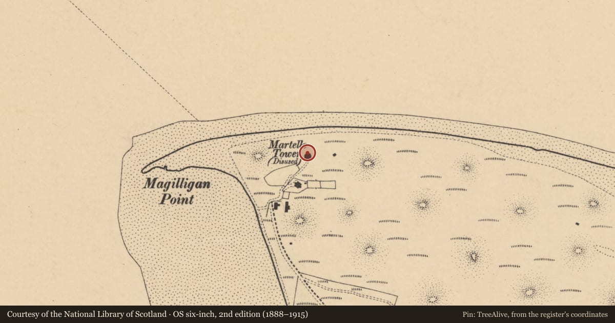 Ordnance Survey six-inch map, 2nd edition (1888–1915) covering the location of Martello Tower, Doaghs Lower, Causeway Coast and Glens, with a pin at the register's coordinates