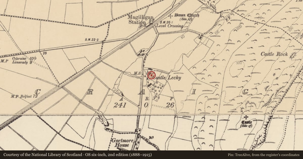 Ordnance Survey six-inch map, 2nd edition (1888–1915) covering the location of Castle Lecky, Craig, Causeway Coast and Glens, with a pin at the register's coordinates