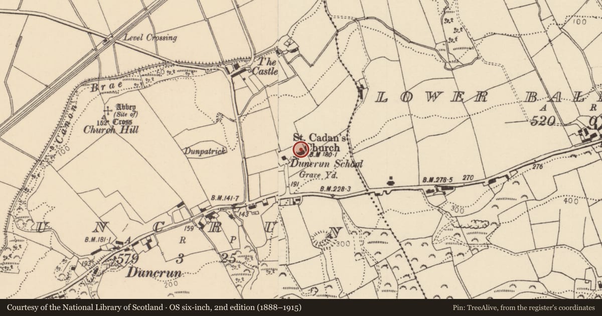 Ordnance Survey six-inch map, 2nd edition (1888–1915) covering the location of St Cadan’s C of I Church, Duncrun, Causeway Coast and Glens, with a pin at the register's coordinates
