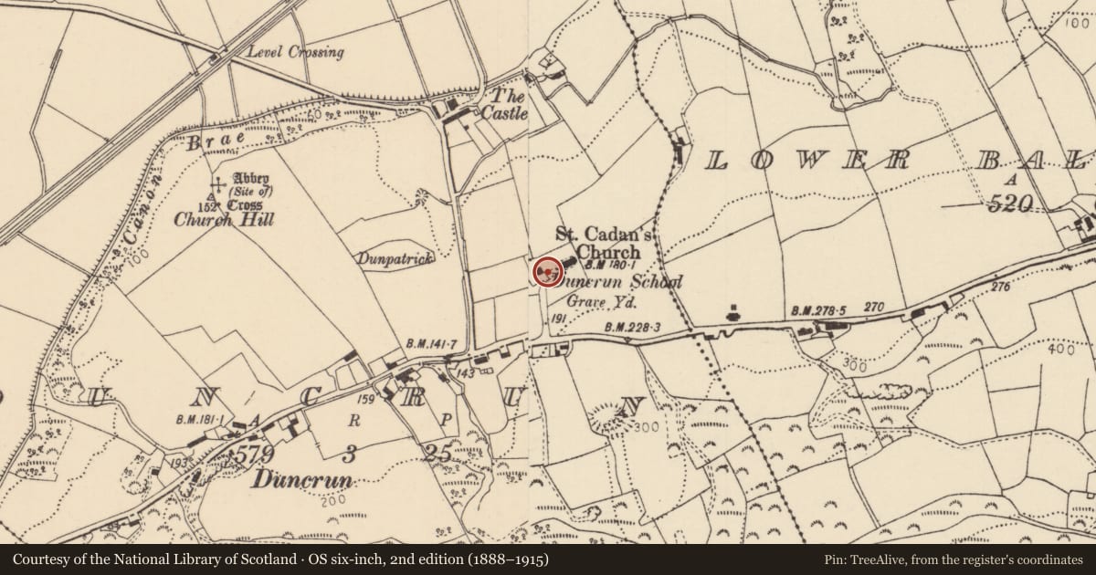 Ordnance Survey six-inch map, 2nd edition (1888–1915) covering the location of Former School Adj. St Cadan’s Church, Duncrun, Causeway Coast and Glens, with a pin at the register's coordinates