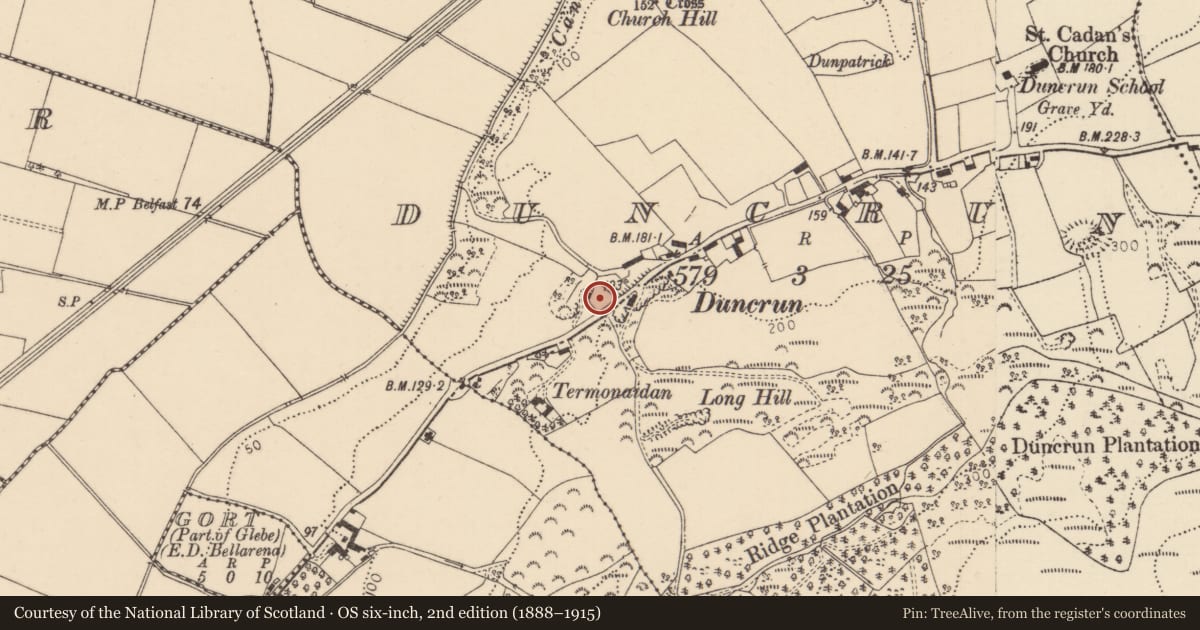 Ordnance Survey six-inch map, 2nd edition (1888–1915) covering the location of 72 Duncrun Road, Causeway Coast and Glens, with a pin at the register's coordinates