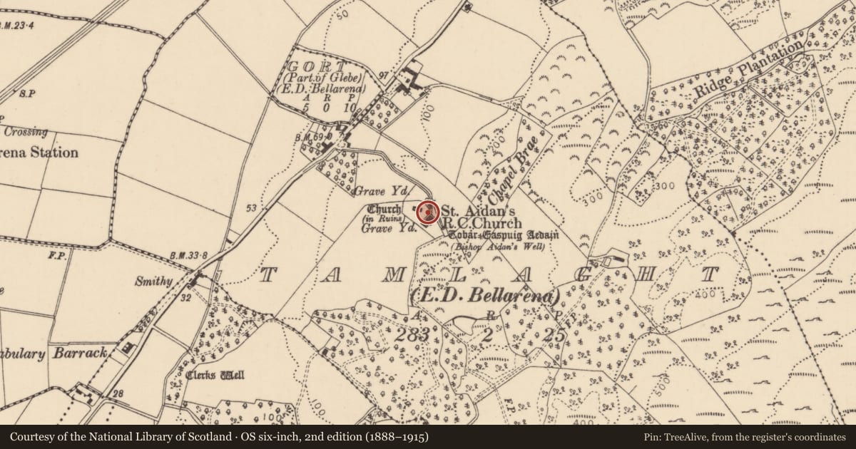 Ordnance Survey six-inch map, 2nd edition (1888–1915) covering the location of Old Church ruins, Tamlaght, Causeway Coast and Glens, with a pin at the register's coordinates