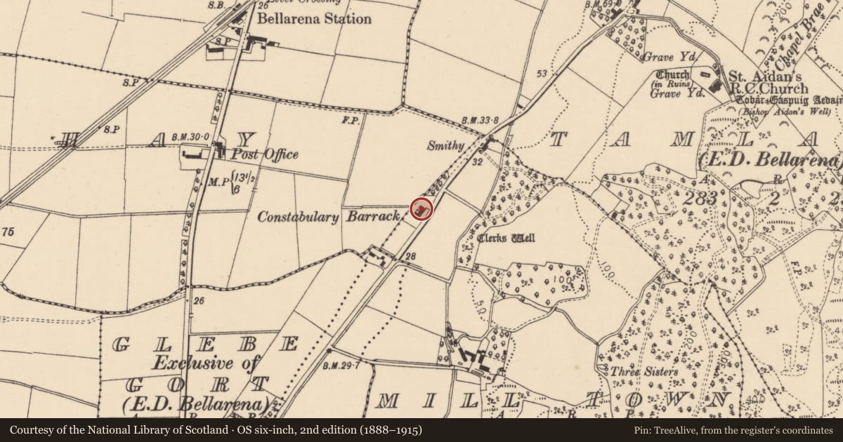 Ordnance Survey six-inch map, 2nd edition (1888–1915) covering the location of Blackstone Cottage, Glebe, Causeway Coast and Glens, with a pin at the register's coordinates