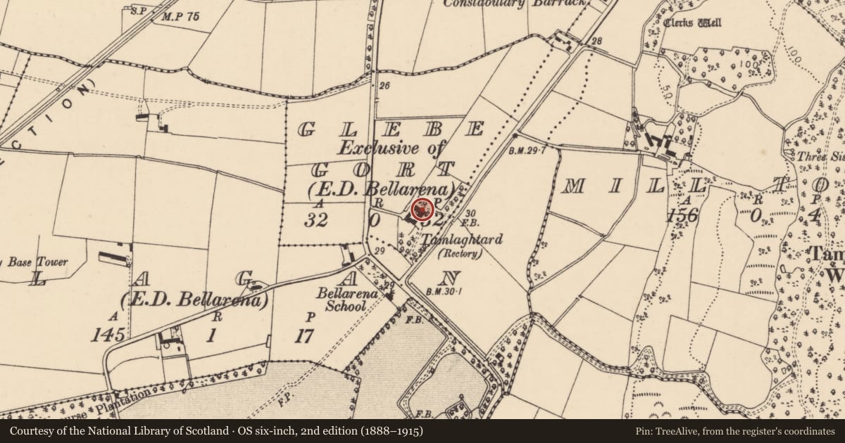 Ordnance Survey six-inch map, 2nd edition (1888–1915) covering the location of Tamlaghtard Rectory, Glebe, Causeway Coast and Glens, with a pin at the register's coordinates