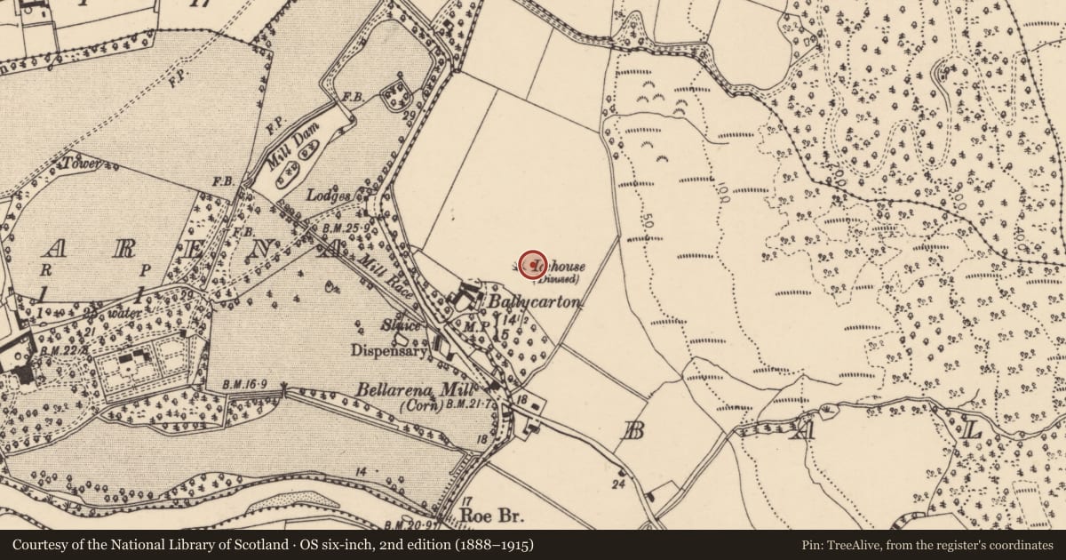 Ordnance Survey six-inch map, 2nd edition (1888–1915) covering the location of Icehouse, Ballycarton, Causeway Coast and Glens, with a pin at the register's coordinates
