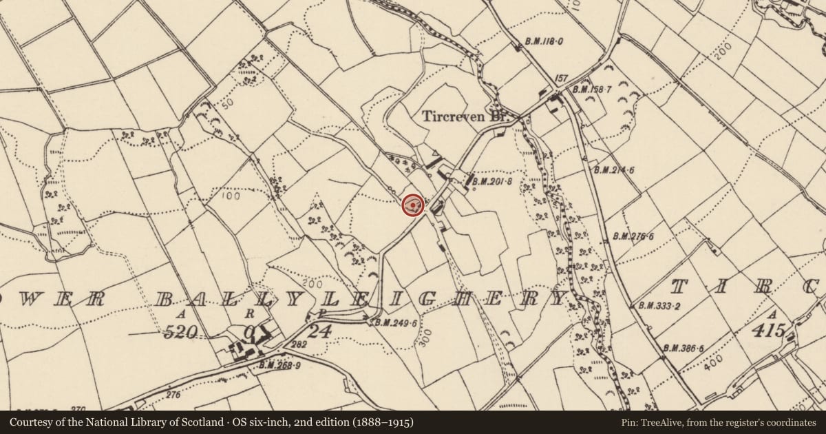 Ordnance Survey six-inch map, 2nd edition (1888–1915) covering the location of Cottage, Lower Ballyleighery, Causeway Coast and Glens, with a pin at the register's coordinates